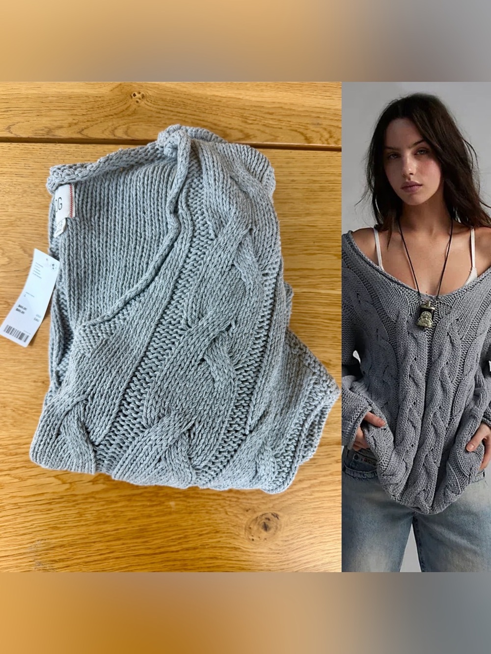 Urban Outfitters Skylar Off-the-Shoulder Cable Knit Sweater in Light Gray